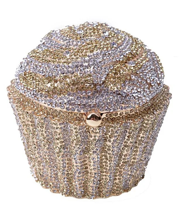 Christmas gift box wedding party bridal cupcake rhinestone sliver yellow gold evening bag bling lady clutch purse for