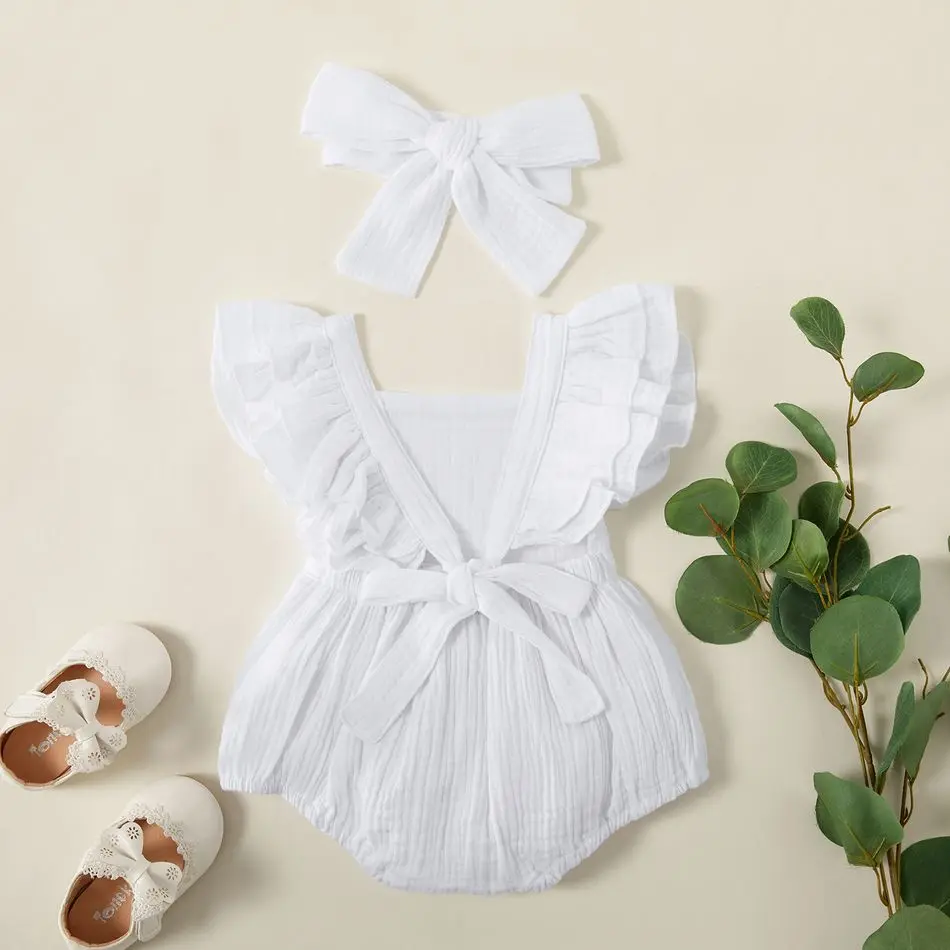 Crepe Solid Sleeveless Ubrania Dla Dzieci 100% Cotton Barboteuses Bb 3-6 Mois Peleles De Algodon Organico Baby Clothes Rompers