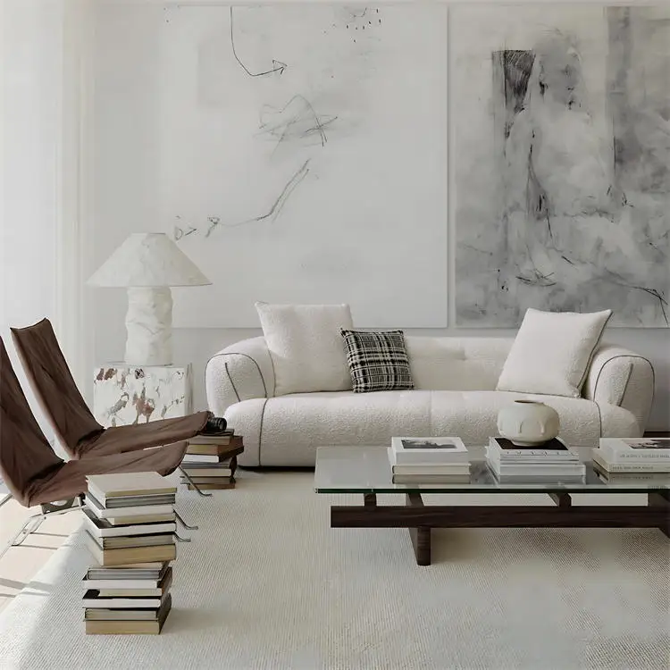 Minimalist Interior Design Nordic Modular Sofa 3 Seaters Couch Velvet Boucle Fabric Sofa White Sofa Set Living Room Furniture