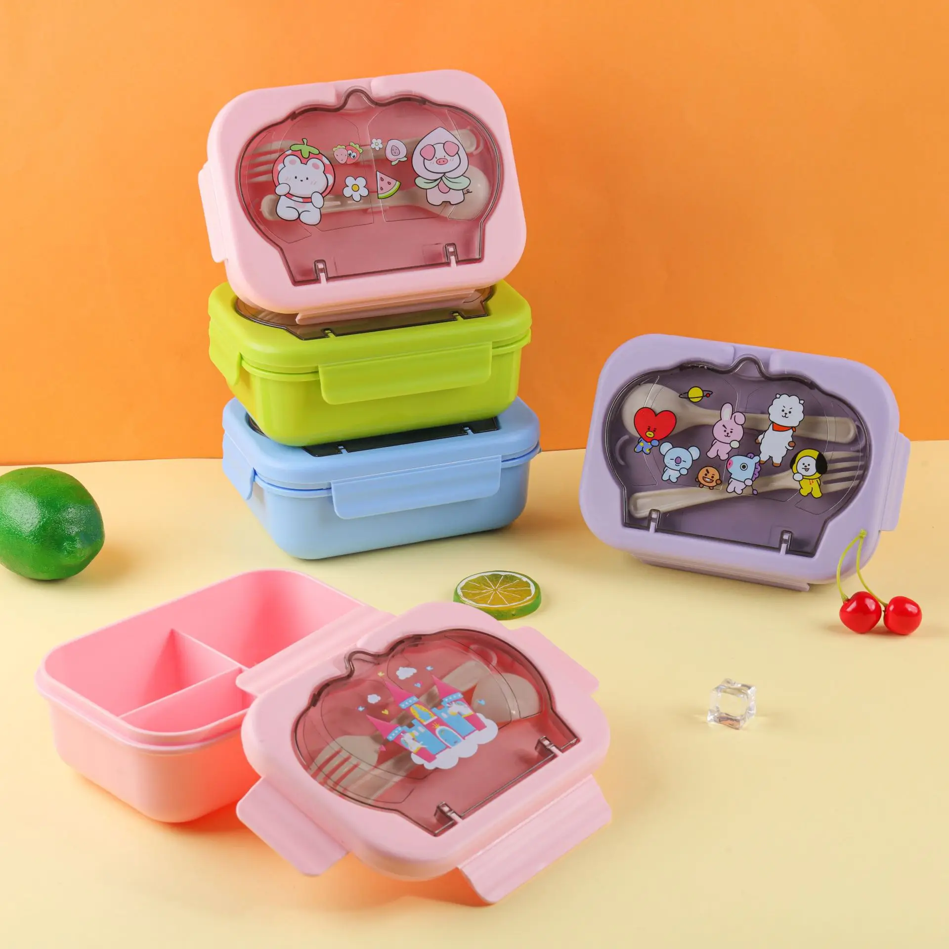 High Quality Cartoon Plastic Bento Lunch Box Portable Thermal Food container Storage with Compartments for School Kids