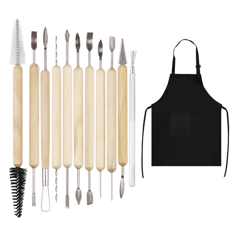 Hot Sale Wood Handle Pottery Clay Tool 12 Piece Set of Pottery Tools Ceramic Making Kit with Apron Art Supplies