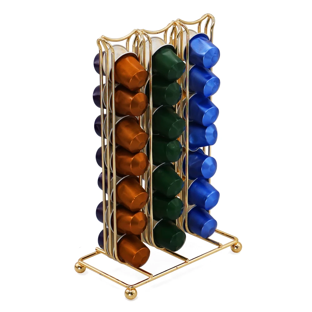 Home Organizer Desktop Gold Metal Wire Coffee Pod Capsules Storage Holder with 42 Capsules