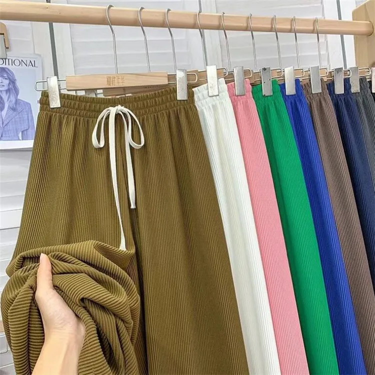 Casual solid color Women Wide Leg Pants Elastic drawstring High Waist Loose Long Pants Pleated Pant Trousers