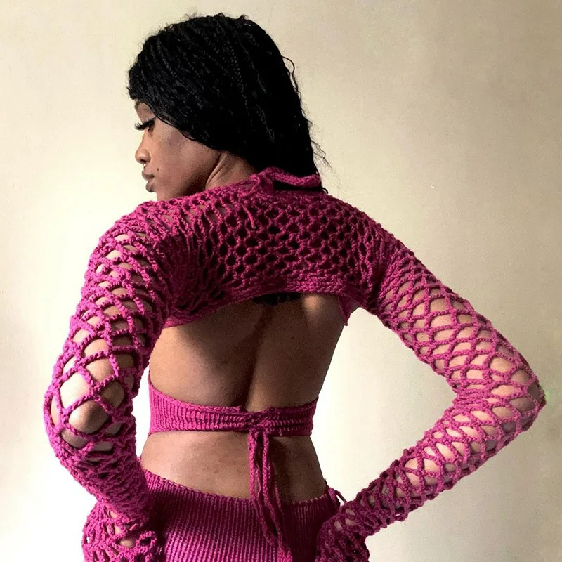 2024 Knitted Hollow Jumpsuits Women Sexy Halter Bandage Separately Sleeve Slim Fit  Overalls One Piece jumpsuit