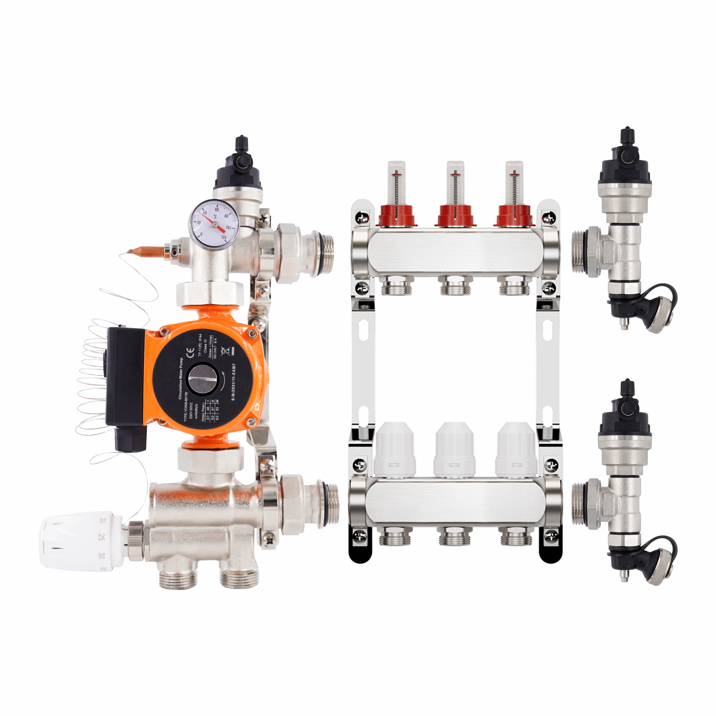 ZHONGLIANG radiant floor heating system Brass Stainless steel hydronic heating Flowmeter hot water manifold UFH mixing group