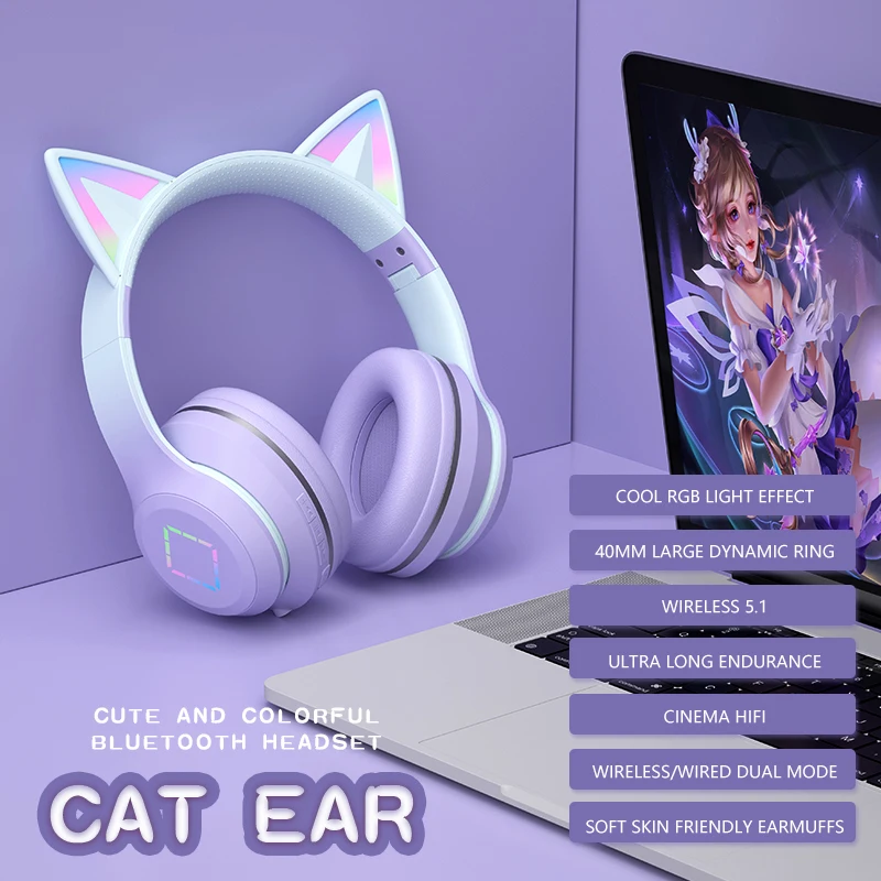 Over Ear Cute Cat Ear Children Girls Gift Music Earphones Blue Pink Headset Wireless Blue-tooth Game Headphones
