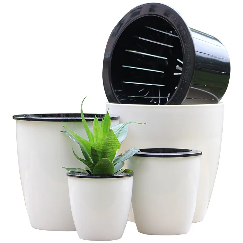 manufacturer wholesale cheap garden round shape small white the lazy Self watering plastic flower pots  for plants