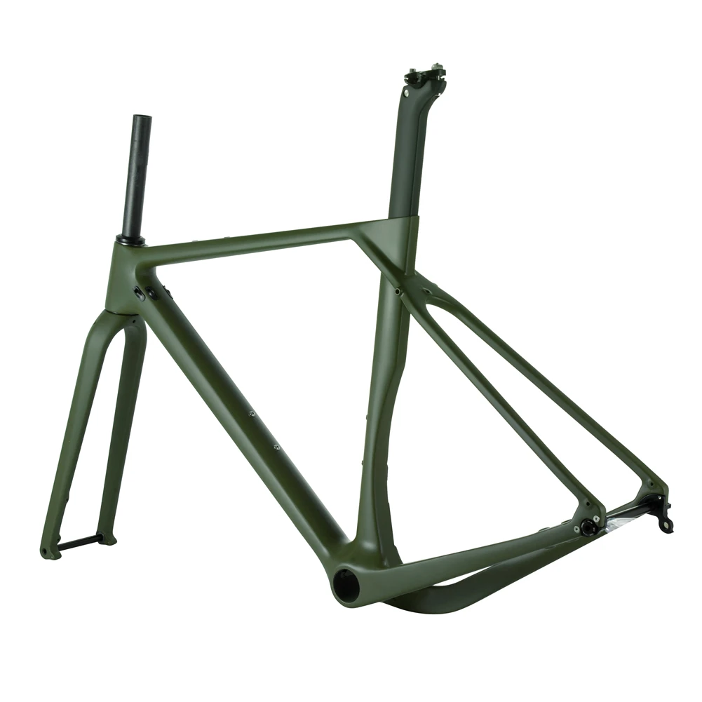 Chinese Factory T1000 Full Carbon Fiber Gravel Frame 700C Disc Brake Aero Carbon Gravel Frame Army Green