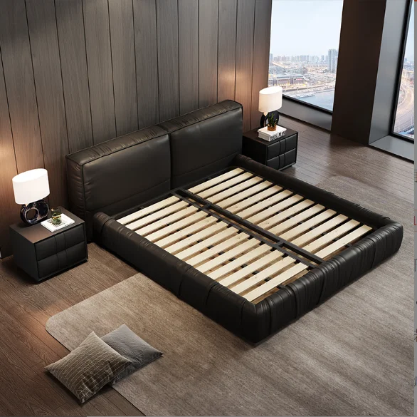 Modern Black Leather Double Queen King  Size Upholstered Storage Platform luxury bed room queen bed set furniture bedroom