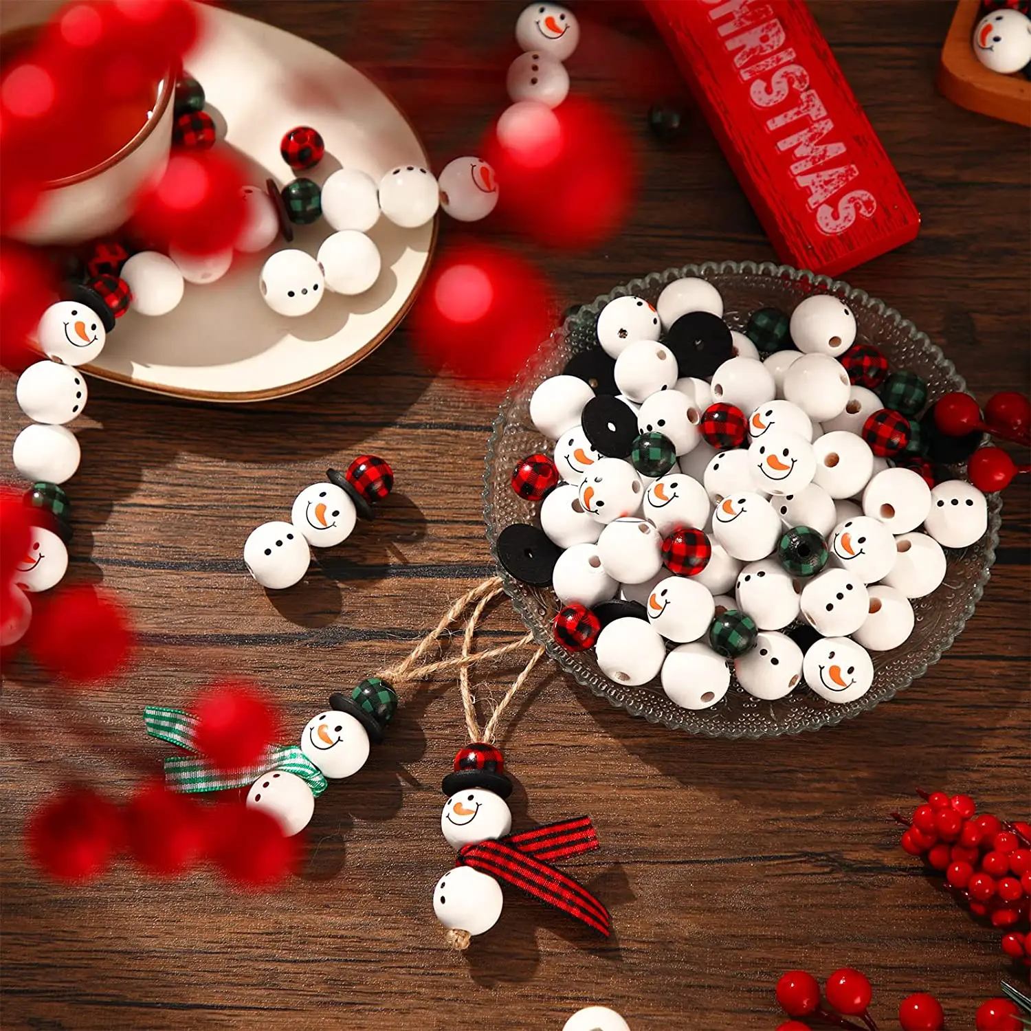 180 Piece Christmas Print Snowman Wooden Beads with DIY Twine Scarf