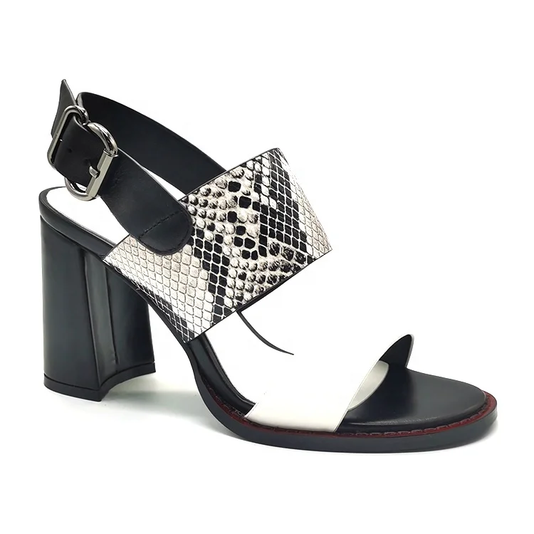 
New style black white block heel snake scale python leather sandals for sandals 2020 