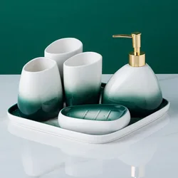 6Pcs Luxury Nordic Green White Ceramic Tray Lotion Pump Bottle Soap Dish Toothbrush Holder Tumbler Bathroom Accessories Set
