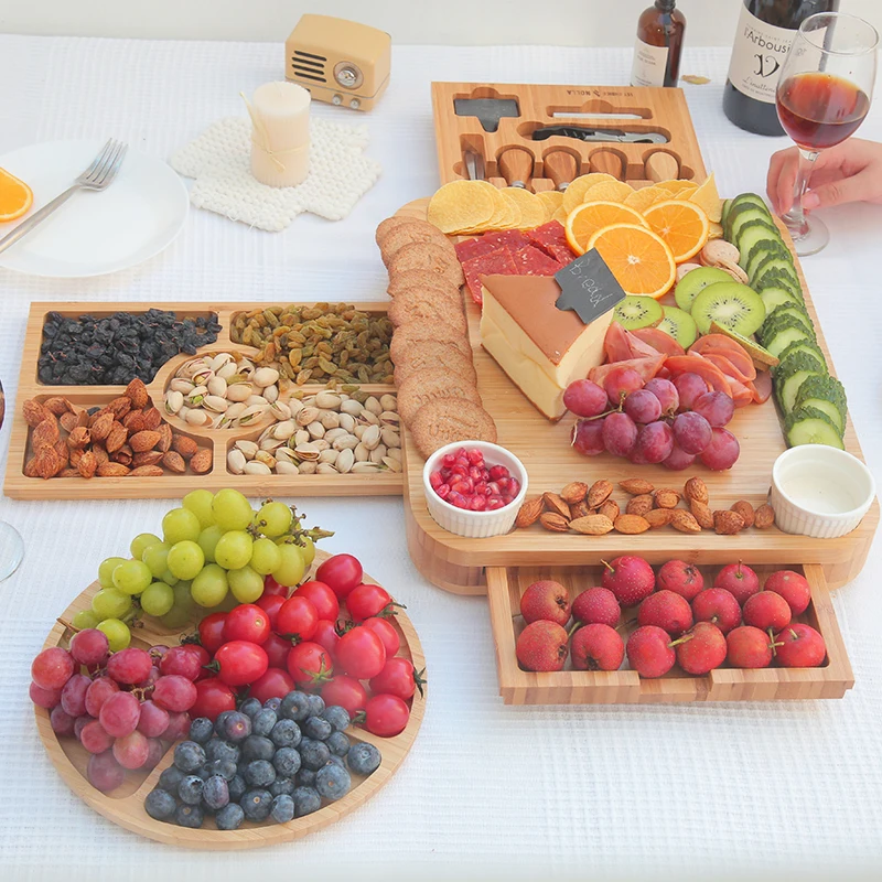 Натуральная бамбуковая разделочная доска с квадратным логотипом на заказ сырная деревенский Набор ножей для пикника электрическая открывалка бутылок вина комплект