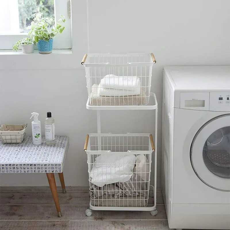 new home 2 tier Wooden handle Dirty clothes basket With wheels Metal wire Frame Laundry Storage cart bathroom organization rack