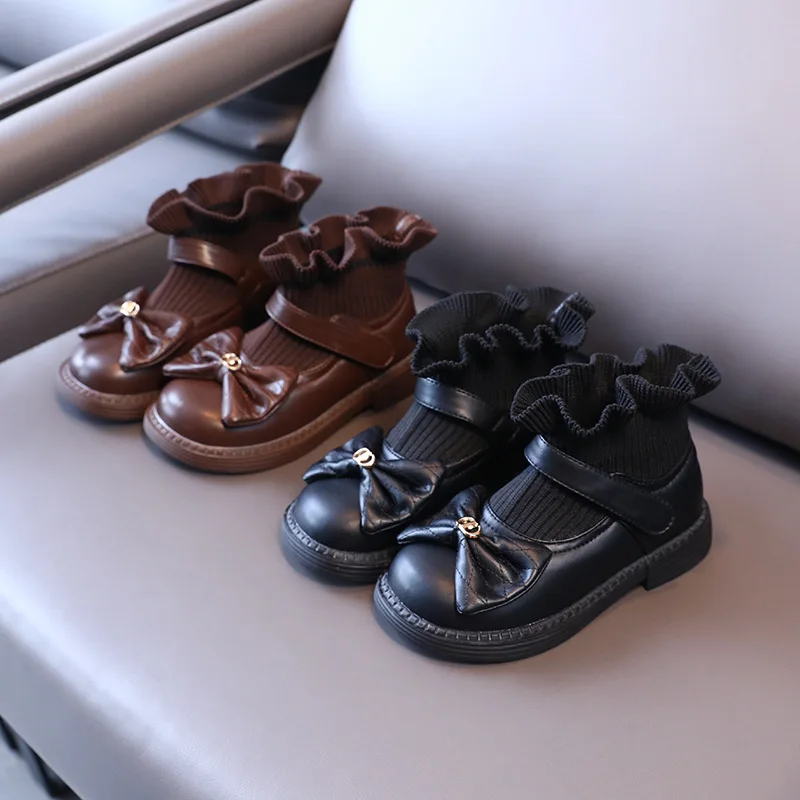Girls Bow-Knot Touch Strap Leather Textile Boots Children Bootie with Ribbed Knit Stretch Inserts Toddler Little Kids Warm Shoes