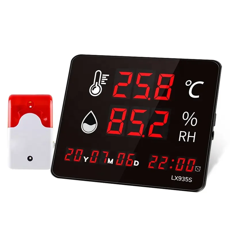 Hot selling multifunctional digital LED industrial thermometer and hygrometer with 5V sound and light alarm and USB charging