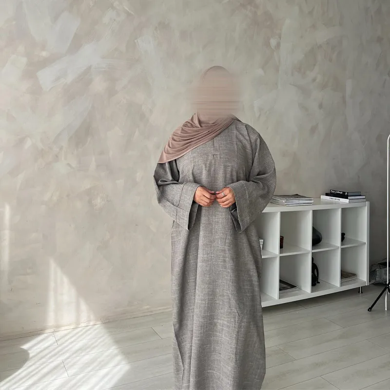 Custom design premium linen blend women abaya solid color breathable muslim dubai abaya women closed linen abaya