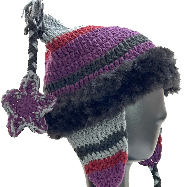 2024 The new sweet and lovely pure hand-woven warm woolen hat Pentagon galaxy knitted hat with cat ears wholesale