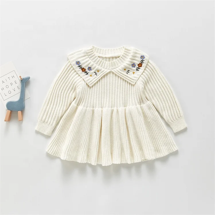 Wholesale Girl 100% Cotton Knitted Long Sleeve Baby Girl Dress Beautiful Solid Color Embroidery Flower Princess Dress OEM ODM