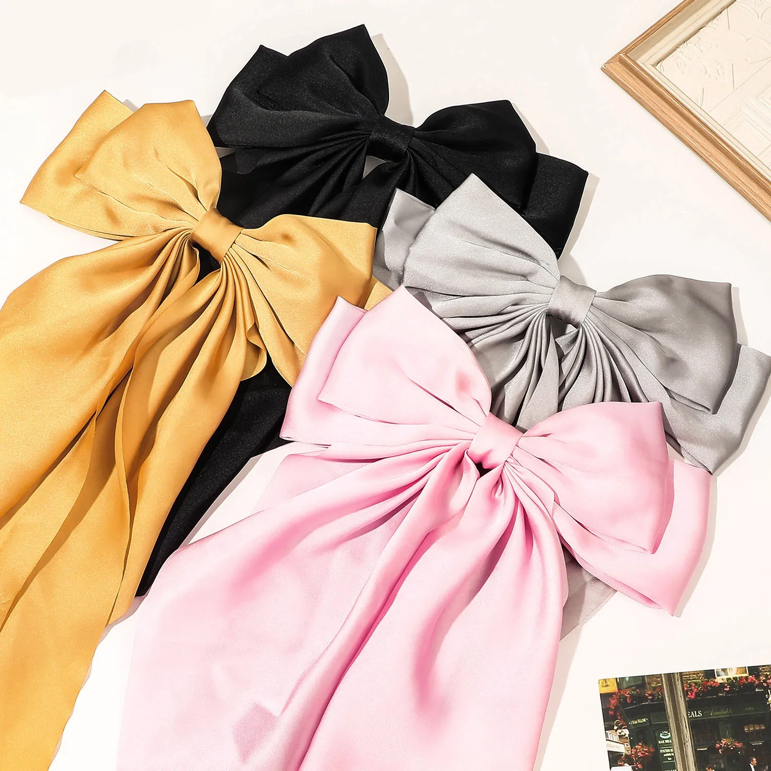 Korean high quality solid color bow hair clip Vintage satin long ribbon hair clip Cute princess hair accessories
