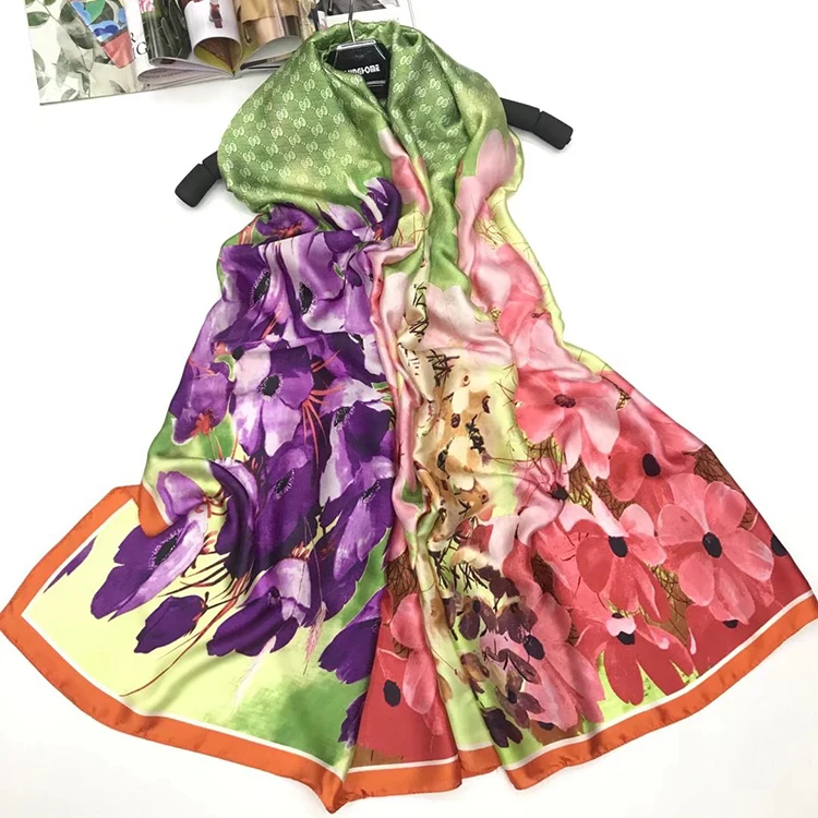 Flower color Satin Silk Smooth Long Square Neck Scarf Ladies Scarves 90*195cm Wholesale