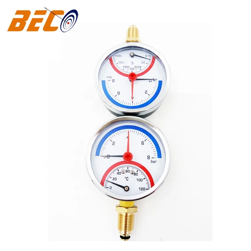 BECO manometer and thermometer,  63mm Stainless Steel Case compound temperature and pressure gauge