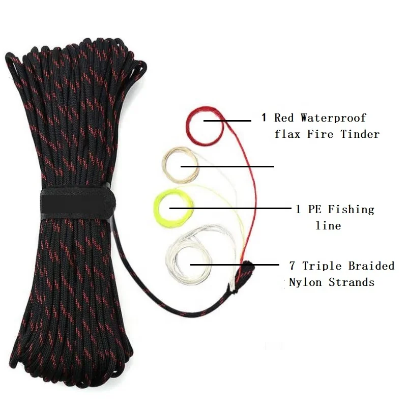 100Feet 10 Core 550 Parachute Rope Survival Red Tinder Fire Cord Paracord