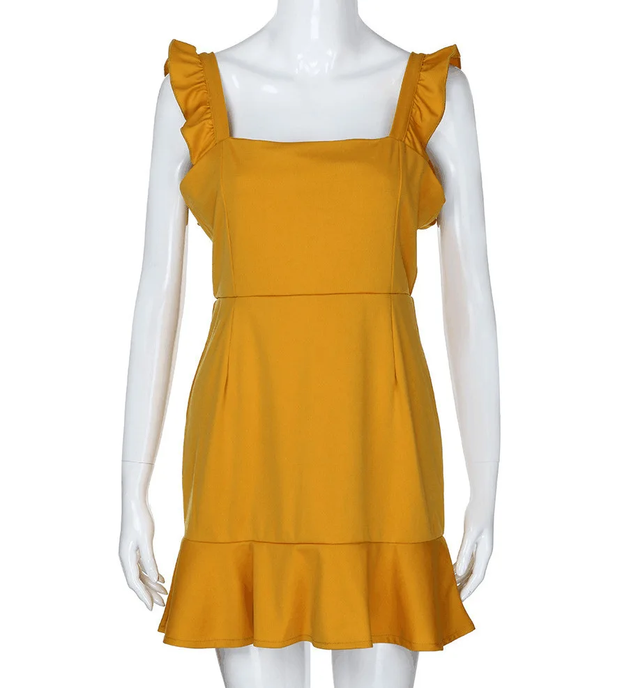 
Sexy Hot Sale Yellow Career Ruffled Fishtail Dresses Women Office Ladies Summer 