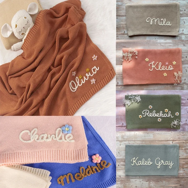 Factory low order quantity personalized hand-embroidered knitted baby blanket and monogrammed baby gift