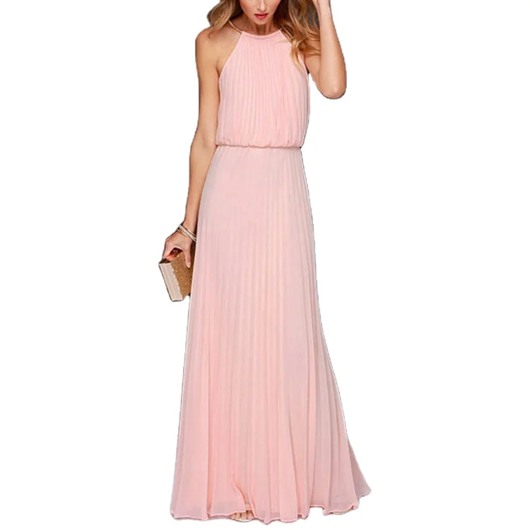 Best Sell Lady Halter Neck Solid Chiffon Sleeveless Maxi Dress Floor Length Elegant Party Long Dress