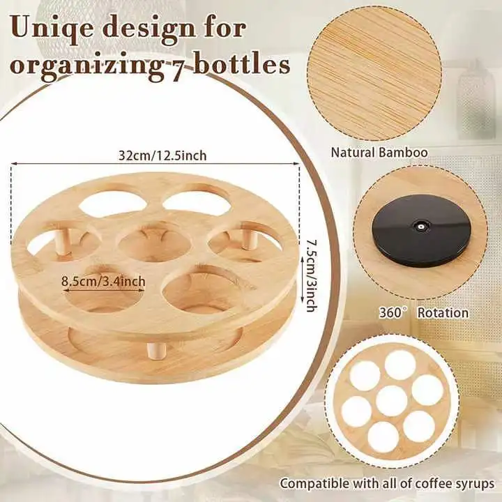 Bamboo Rotating Spice Rack Countertop 7 Bottles Organizer Holder Bamboo Lazy Susan Rack Organizer Shelf for Kitchen Spice Holder