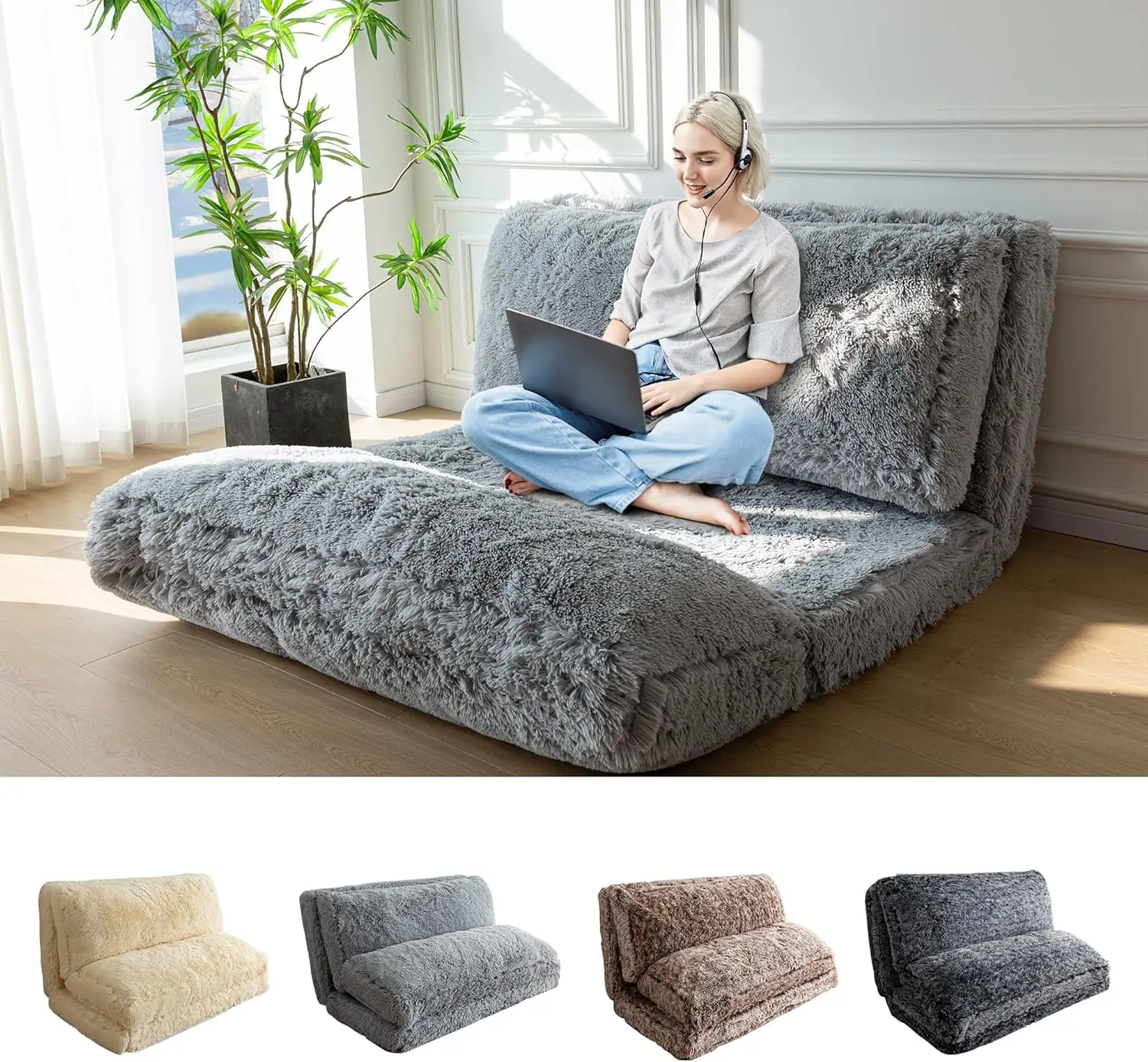 Faux Fur Floor Sofa Floor Chairs Nature Folding Sofa Bed Foam Filling Wall Couch Sleeper Single Size Floor Mattress Bean Bag Bed