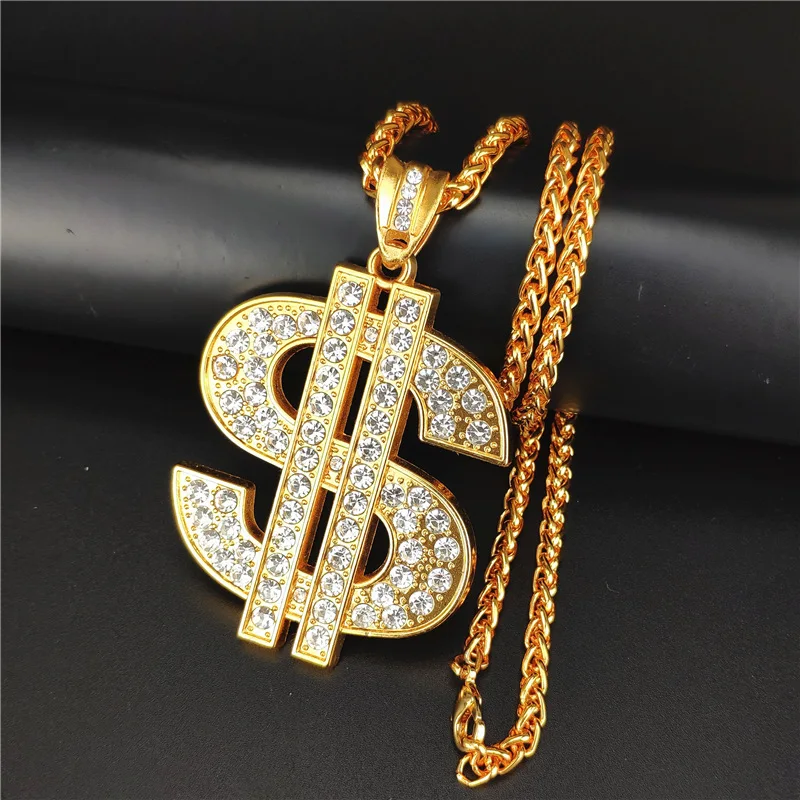 18K Gold Plated Chain with Dollar Sign Pendant Necklace Old School Hip Hop Rotatable Dollar Necklace 80s 90s Rapper Costume Big