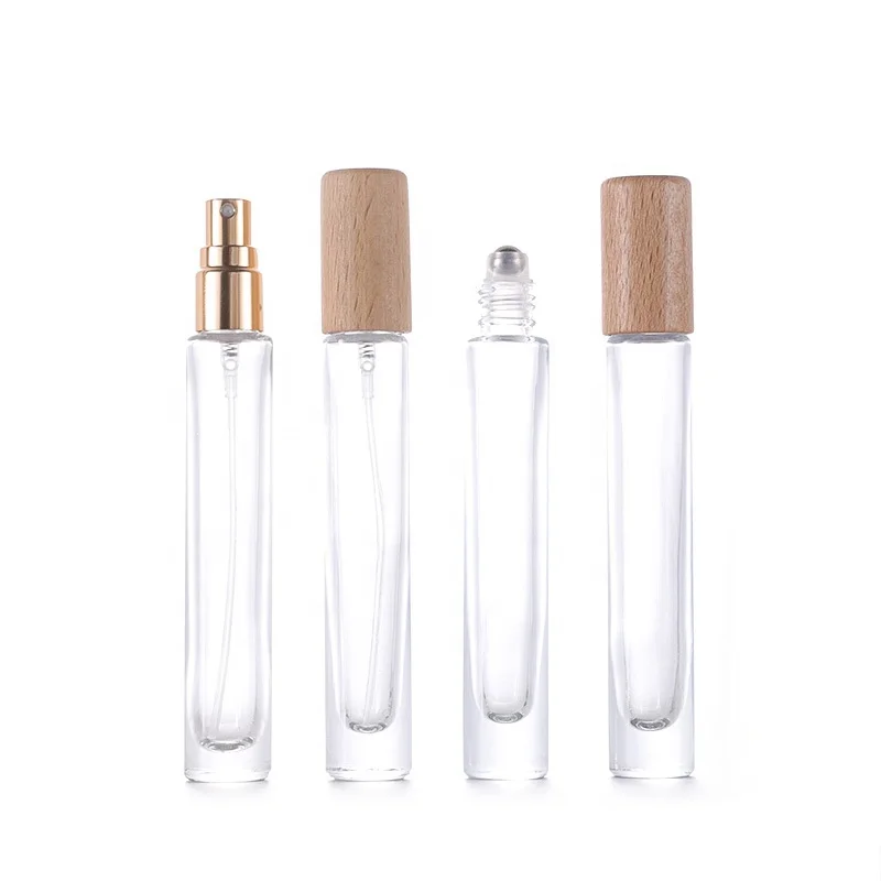 high end eco friendly travel perfume bottle refill empty 10ml clear square round glass spray bottle with wooden lid for perfume