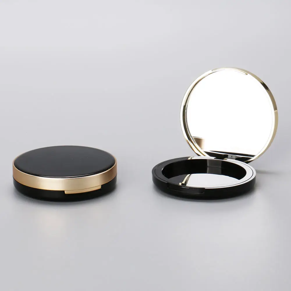 Cosmetics Air Cushion Compact Powder Packaging Empty Black Gold Round Compact Powder Case With Mirror