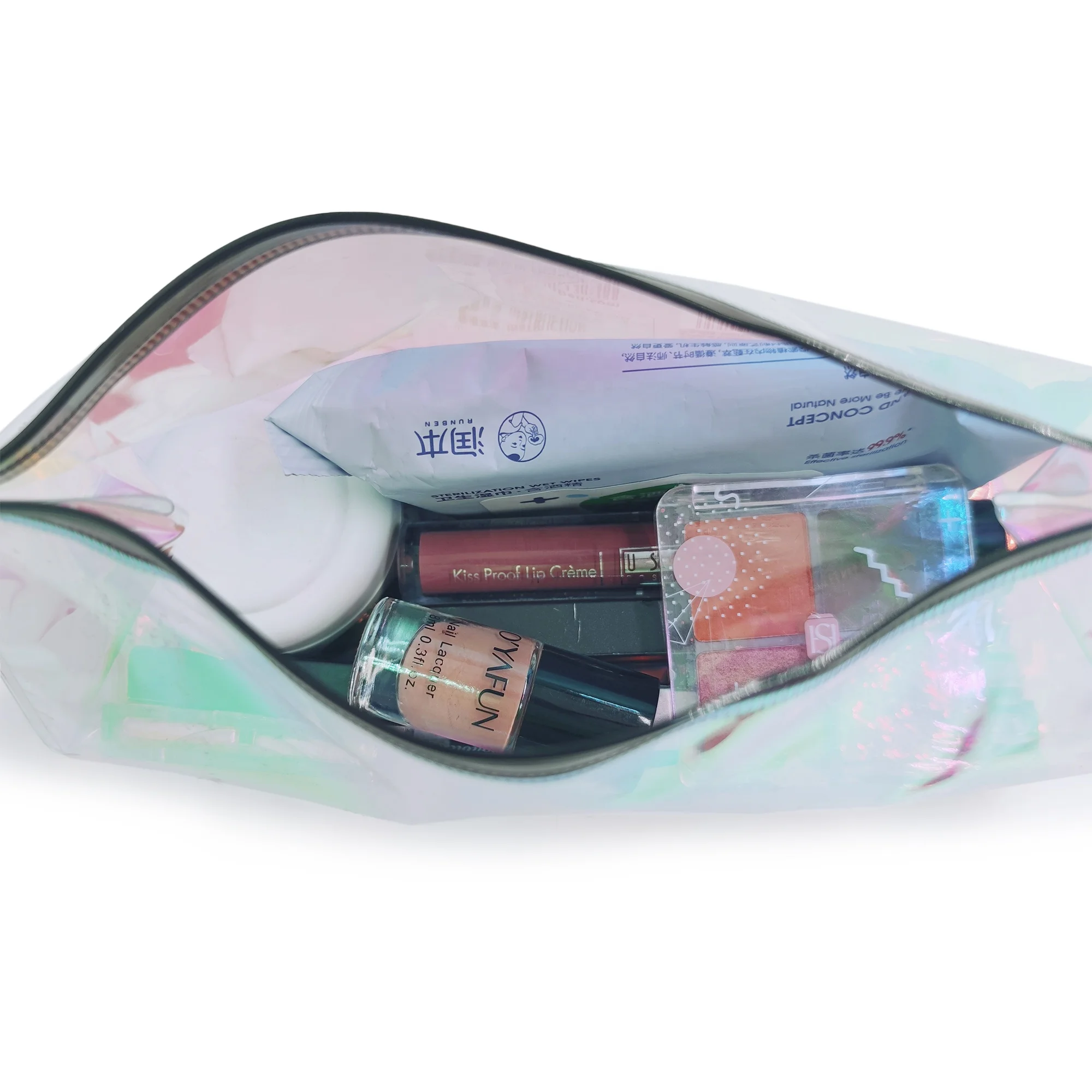 Laser holographic makeup bag rainbow nail polish pouch transparent travel toiletry bags clear pvc iridescent cosmetic bag