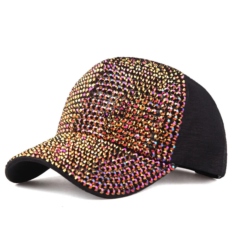 Fashion Summer Glitter Ponytail Shining Rhinestone Crystals Adjustable Baseball Cap Plain Sparkle Bling Hip Hop Mesh Sun Hat