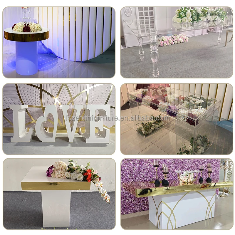 Factory Modern Banquet Event Furniture Gold Stainless Steel Wedding Table with Crystal Beads