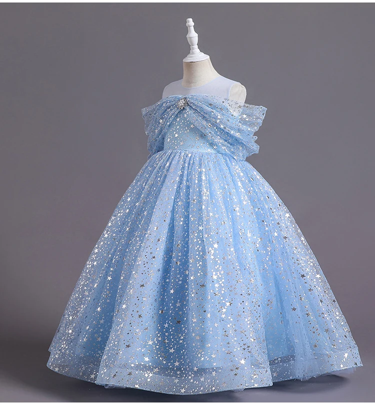 New Kids Girls New Summer Children Mesh Lace Floor Length Stars Catwalk Host Performances Fluffy Gauze Dress