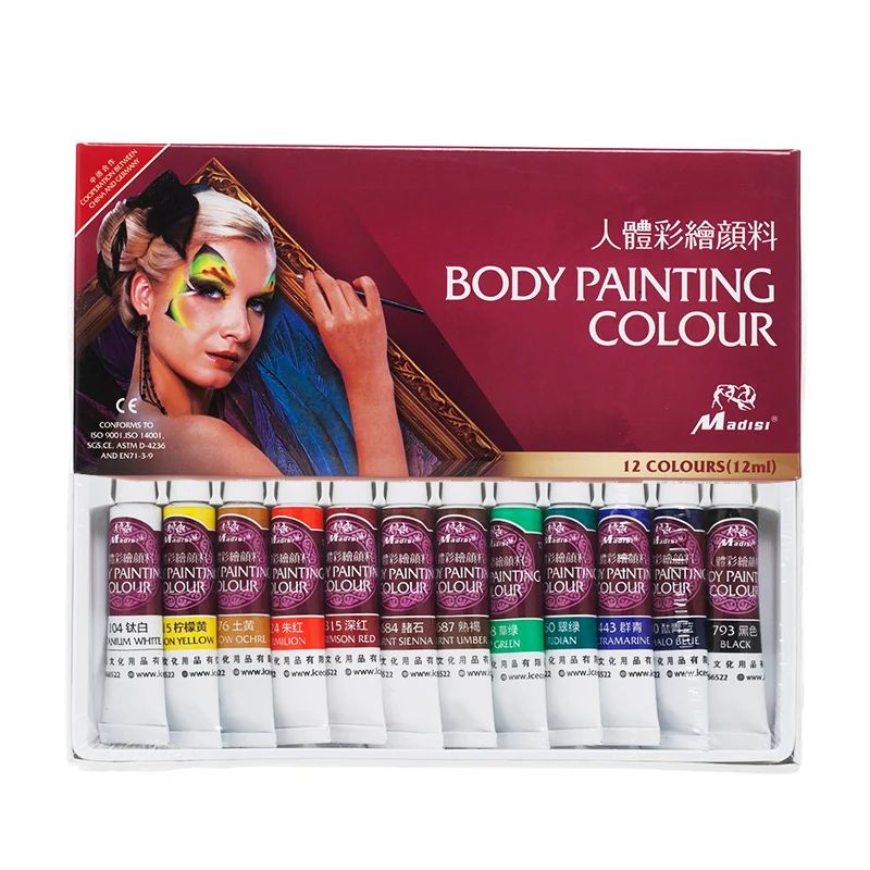 Madisi профессиональная художественная краска для тела 12 цветов 12 мл набор