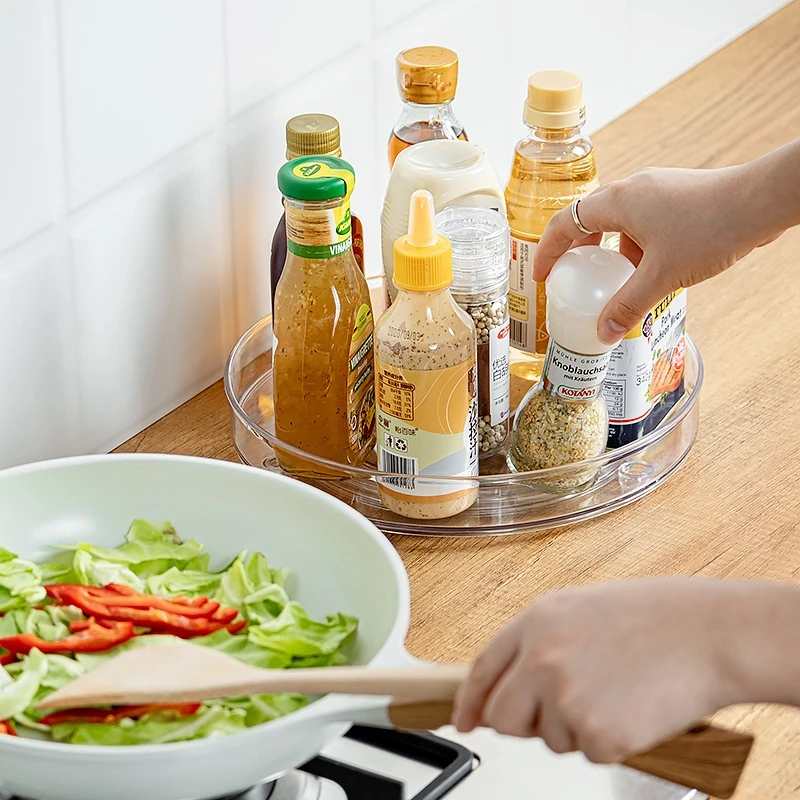 Transparent Round Rotating Tray Pantry Organizer Container Plastic Rotating Spice Organizer