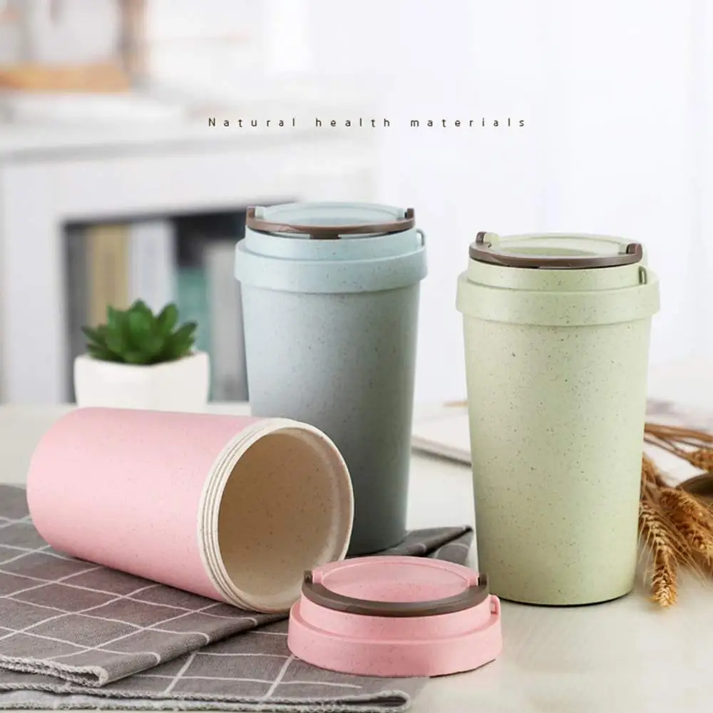 400ml Wheat Straw Cellulose Made Leak Proof Double Layer Heat Insulate Water Bottle Coffee Cup with Handle Creative Fashion