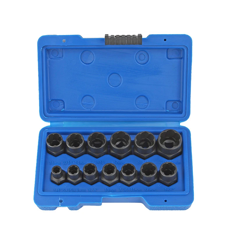 13Pcs 3/8 Impact Damaged Bolt Nut Remover Extractor Socket Tool Set in Plastic Box