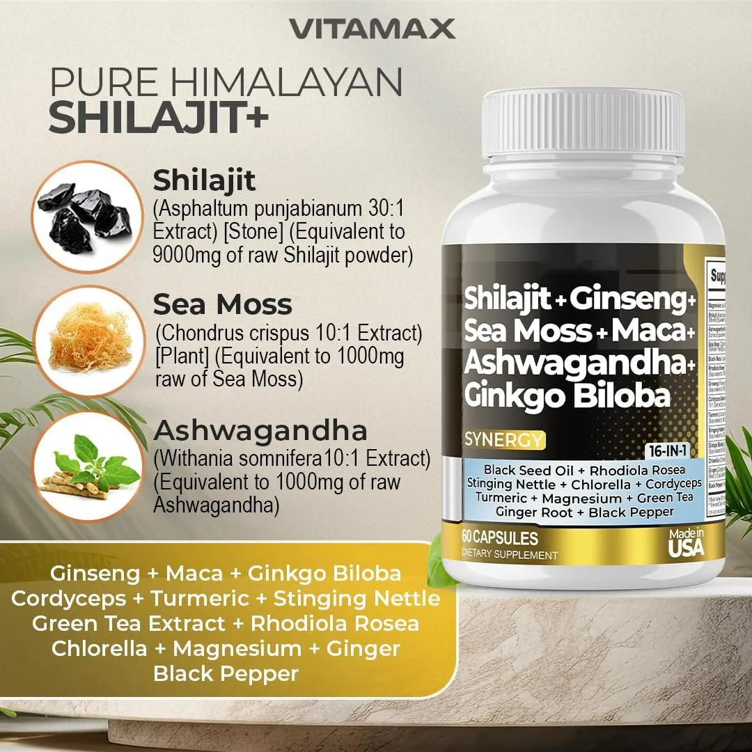 High Quality Shilajit Sea Moss Black Seed Oil Ashwagandha 16 In 1 Capsules Private Label Capsules Dietary Supplement Wholesale