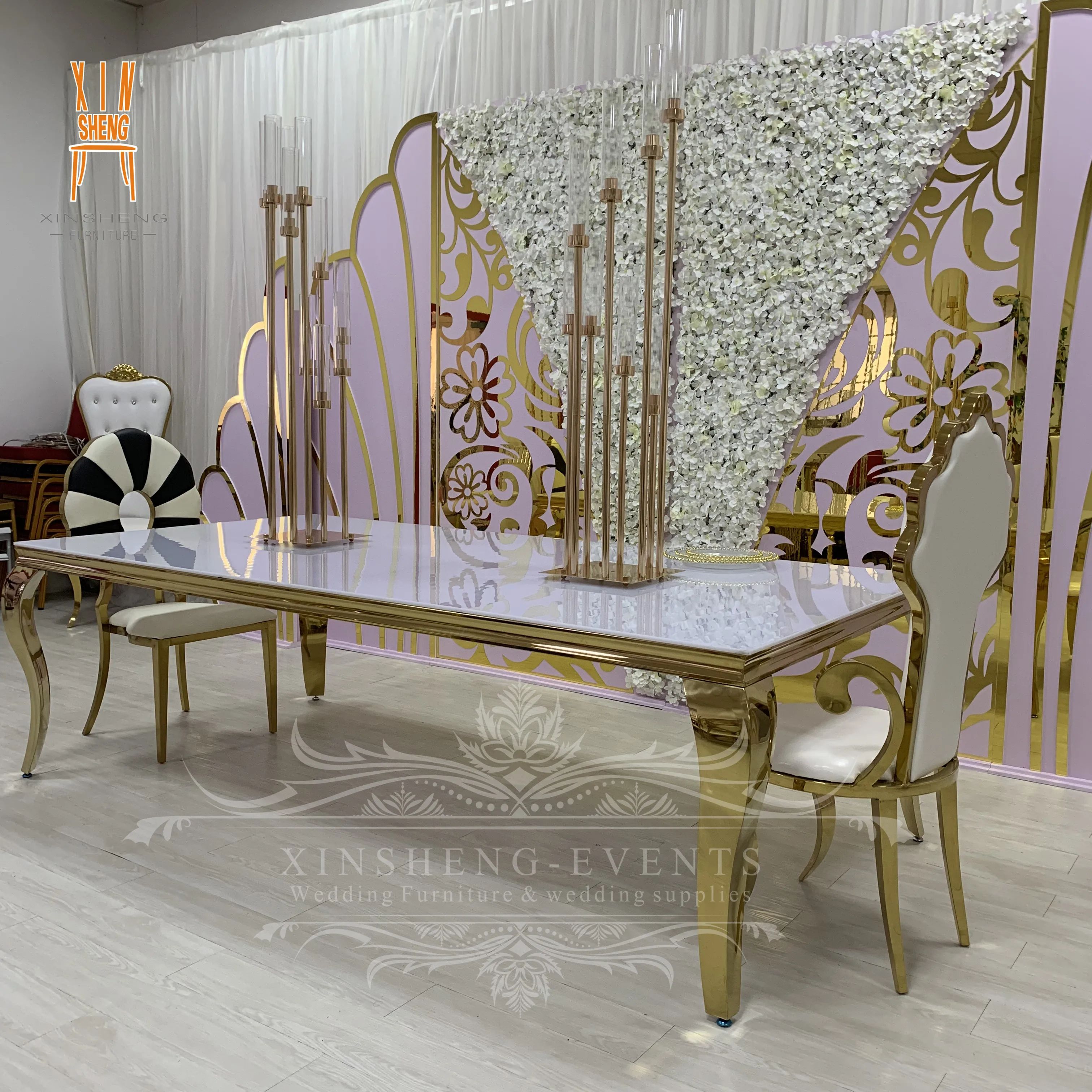 White MDF top with Gold Stainless Steel Legs Hotel Banquet Dining