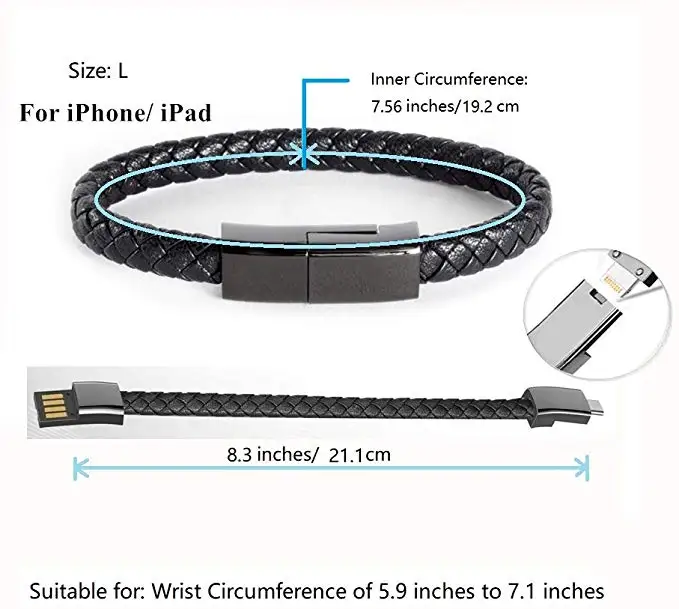 2019 Hot Seller Portable Braid Leather Charger Cord  Smart USB Charging Cable Bracelet for Android Iphone Type C