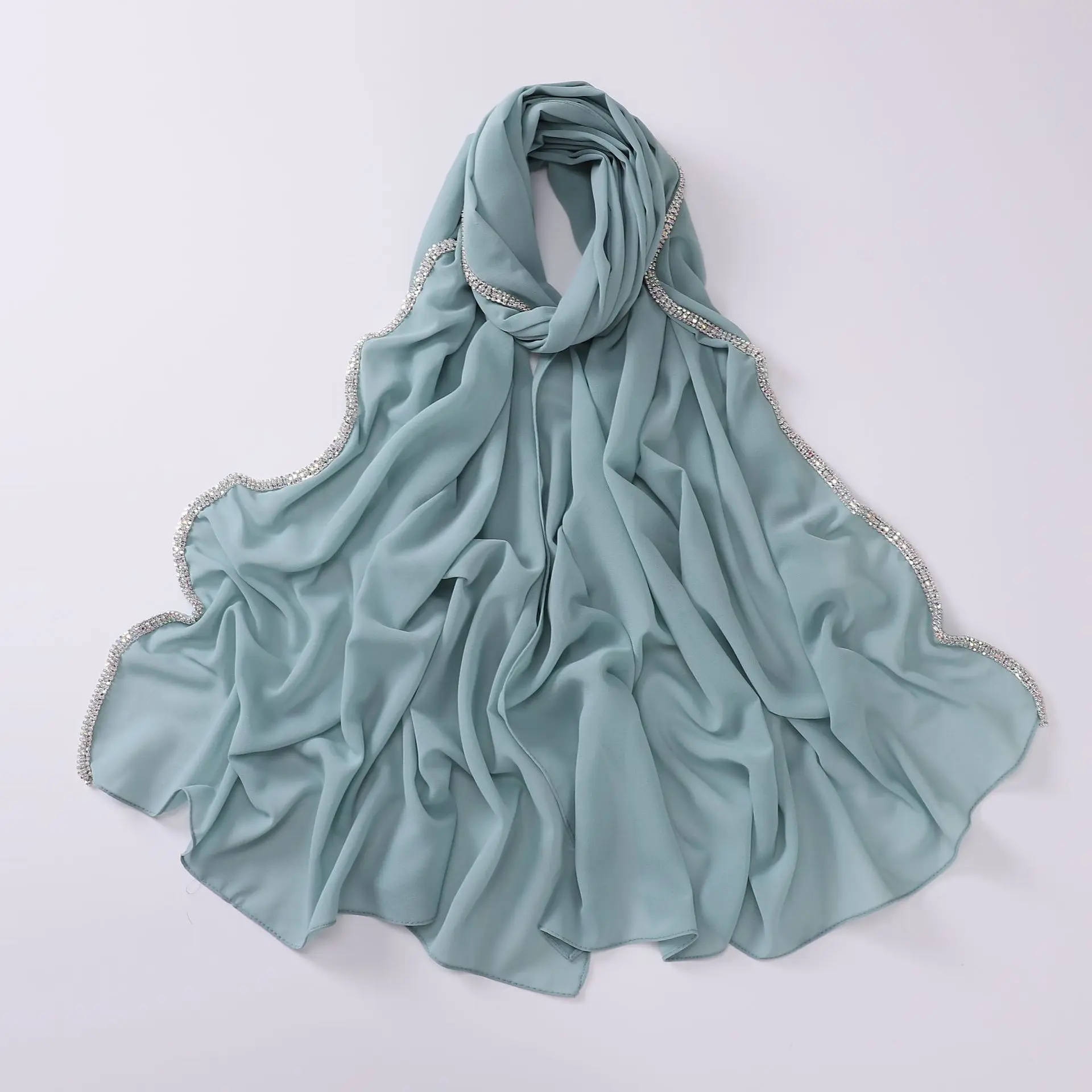 2024 Wholesale Luxury High Quality Sparkling Bright Rhinestone Diamond Premium Malaysian Hijab Muslim Women Chiffon Hijab Scarf