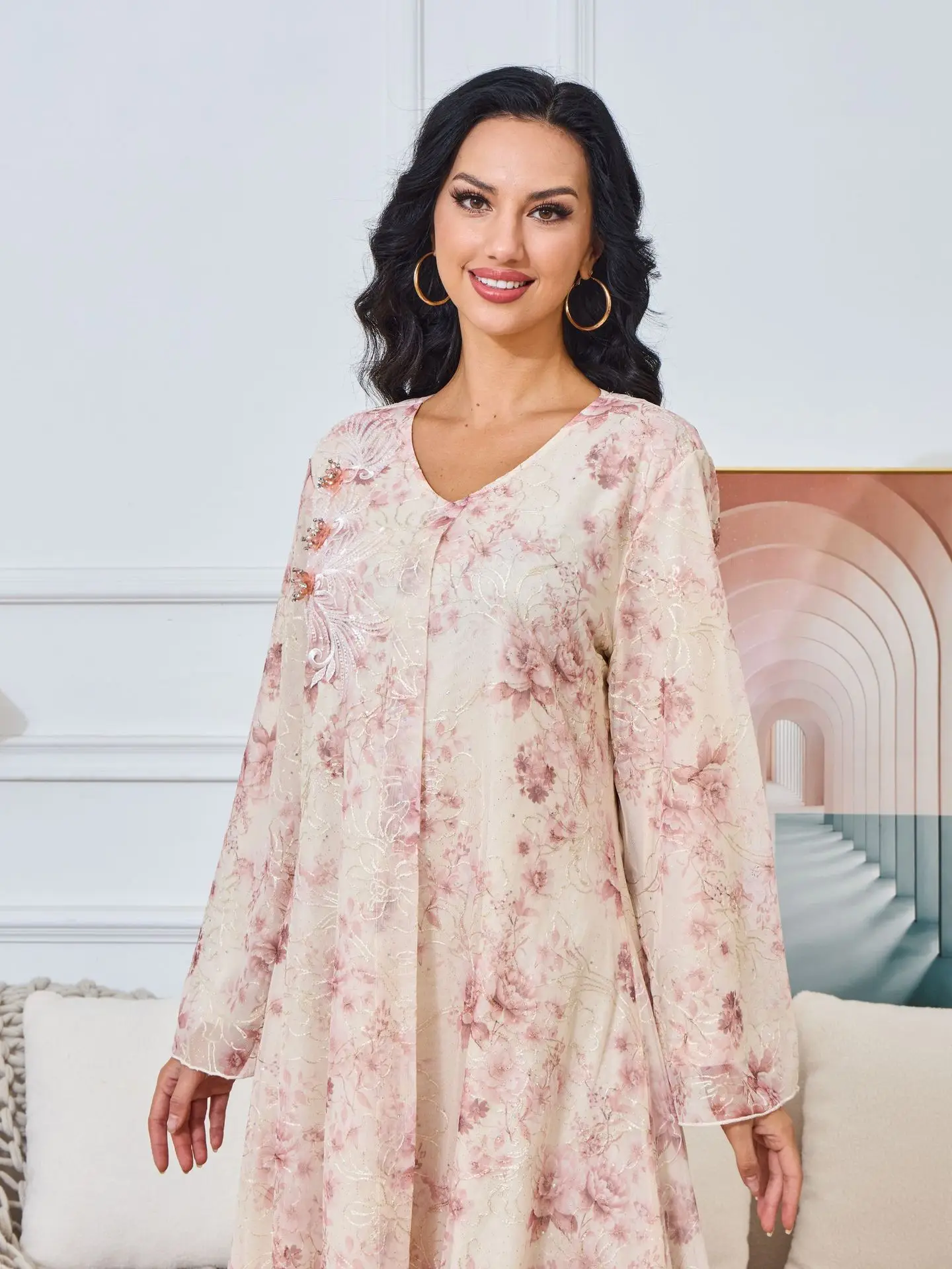 Wholesale sales OEM ODM 2024 long-sleeved new printed large swing skirt abaya fashion casual dress