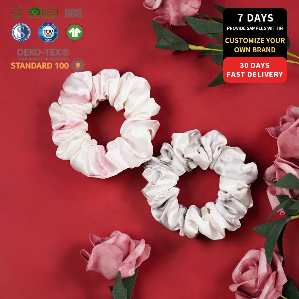 Hot Sale 16/19/22/25/30 mm Custom Marble vein 100% Pure Silk Scrunchie Hair Bands 3.5 cm Large Real Organic Silk Scrunchies set