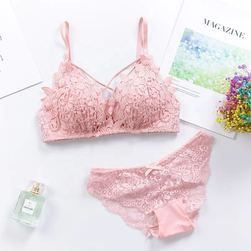 
1931 Girls Gathered Push Up Sexy Wireless Brassiere Briefs Embroidery Lace Bra Sets 